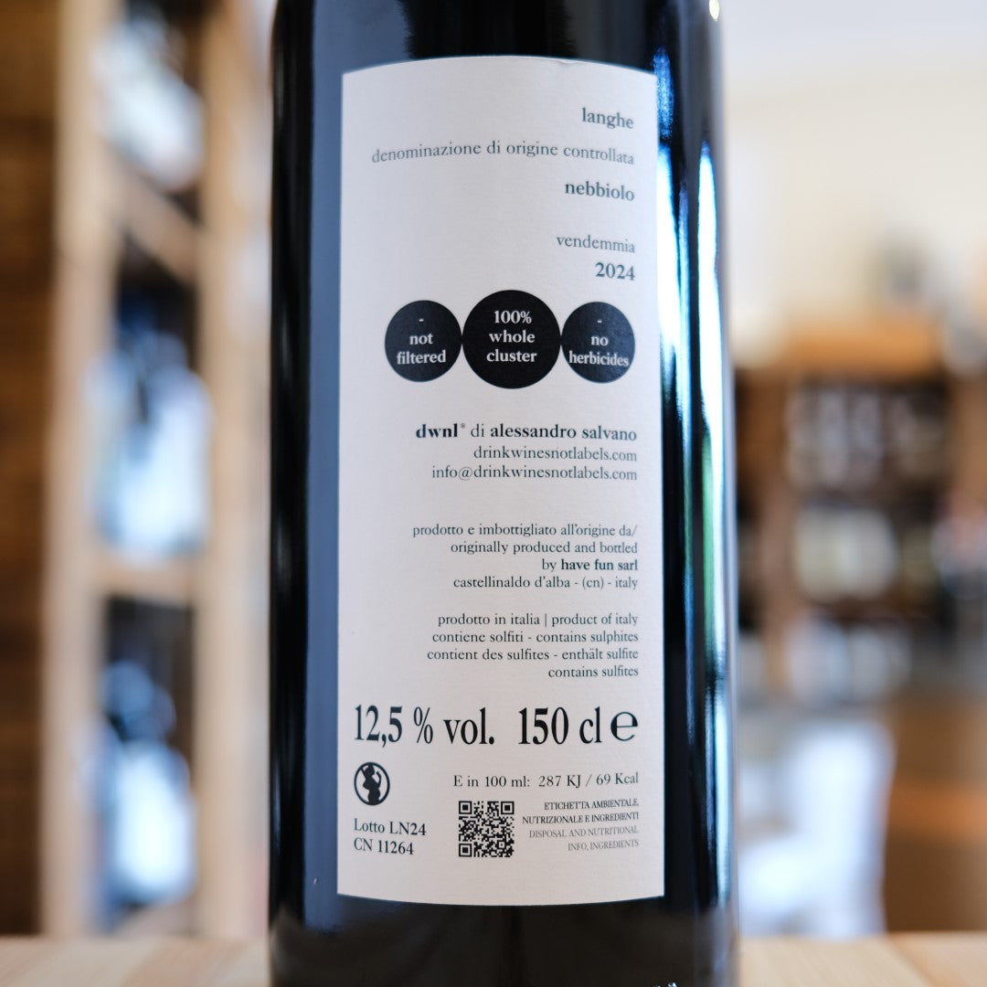 Langhe Nebbiolo 2024 Magnum Drink Wines Not Labels retro etichetta | Langhe Nebbiolo DOC back label Italy
