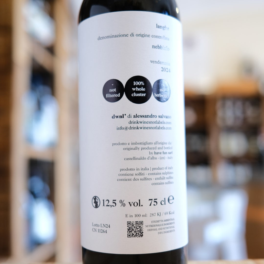Langhe Nebbiolo 2024 Drink Wines Not Labels retro etichetta | Langhe Nebbiolo DOC back label technical details Italy