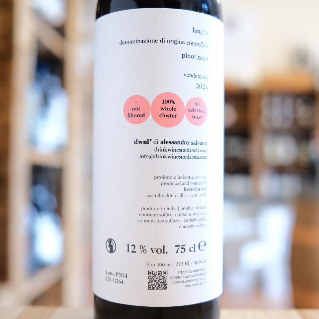 Langhe Pinot Nero 2024 Drink Wines Not Labels retro etichetta | Langhe DOC back label Pinot Nero Italy