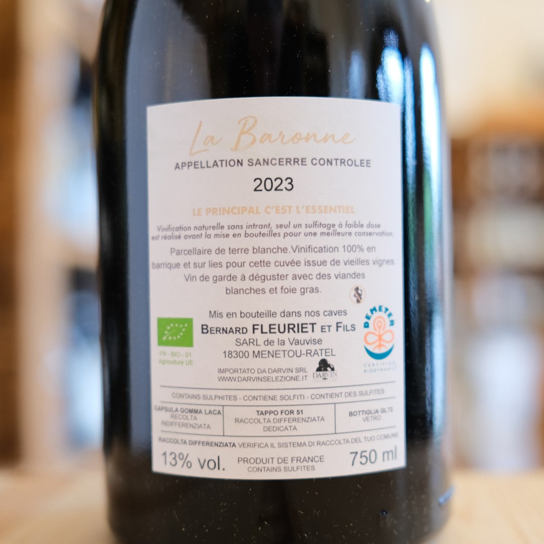 Sancerre La Baronne 2023 Domaine Bernard Fleuriet retro etichetta | back label technical details Sancerre wine