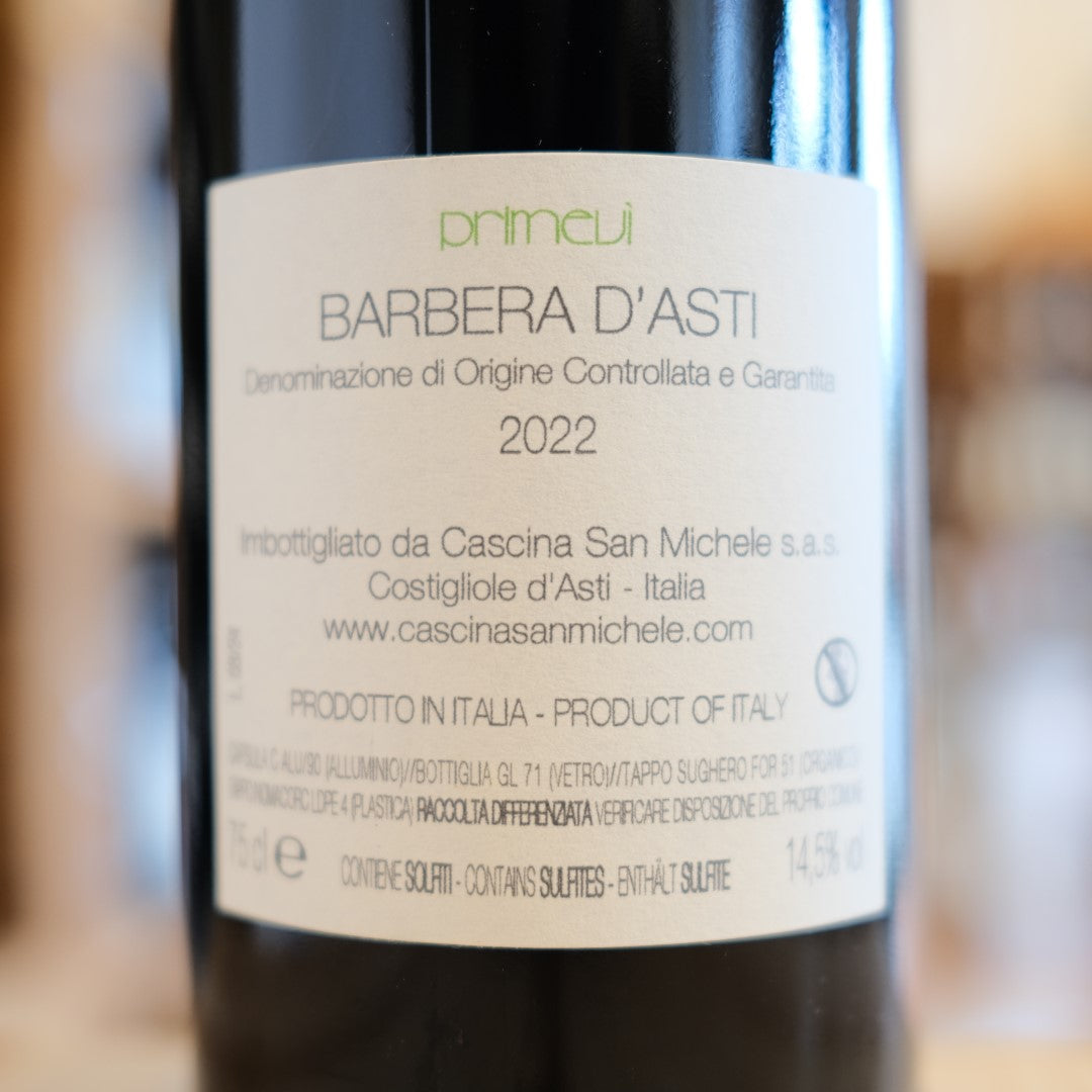 Retroetichetta Barbera d’Asti Primevì 2022 Cascina San Michele Costigliole d’Asti back label