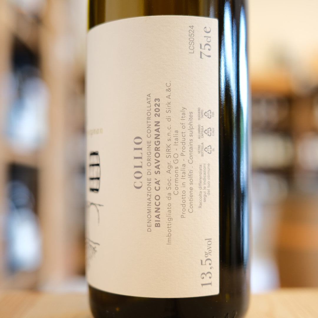 Retroetichetta Ca’ Savorgnan 2023 Mitja Sirk, Collio DOC Friulano del Collio goriziano – Italian white wine back label
