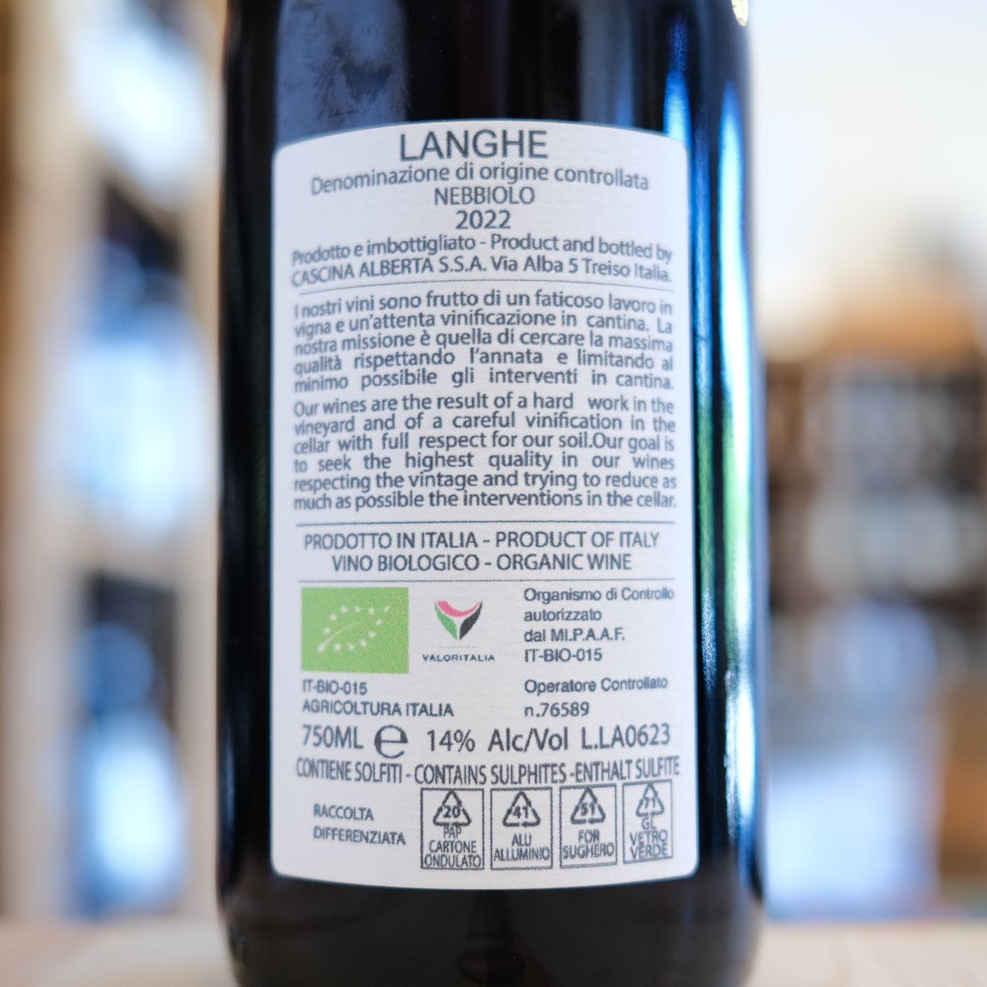 Retroetichetta Langhe Nebbiolo 2022 Cascina Alberta Piemonte Nebbiolo back label