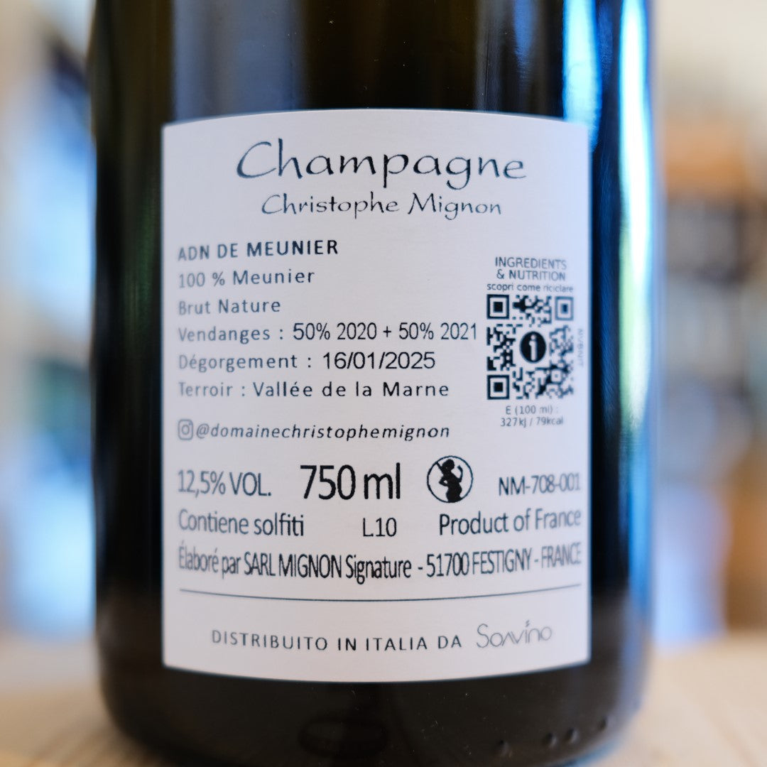 Retroetichetta Champagne ADN de Meunier Brut Nature Christophe Mignon back label