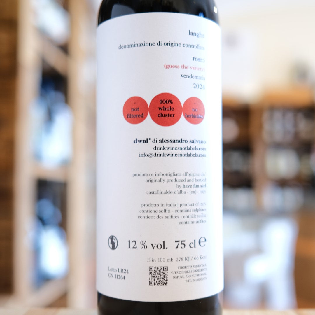Langhe Rosso 2024 Drink Wines Not Labels retro etichetta | Langhe DOC back label red wine Italy