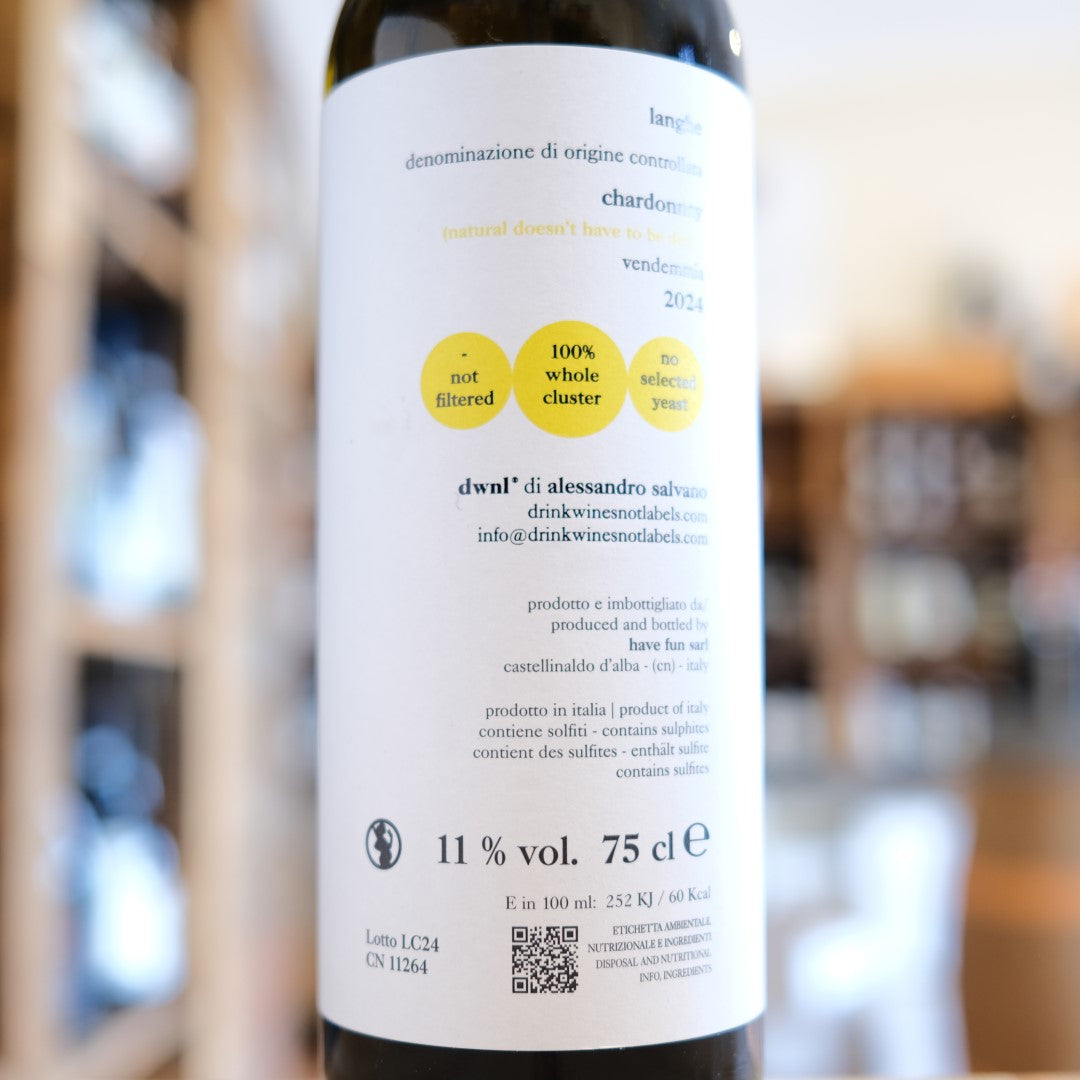 Langhe Chardonnay 2024 Drink Wines Not Labels retro etichetta | Langhe DOC back label Chardonnay Italy