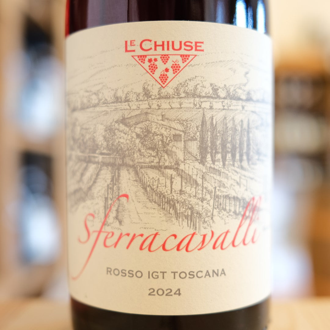 Etichetta Rosso Sferracavalli 2024 Le Chiuse, vino rosso di Montalcino da Sangiovese Grosso – Tuscany red wine label