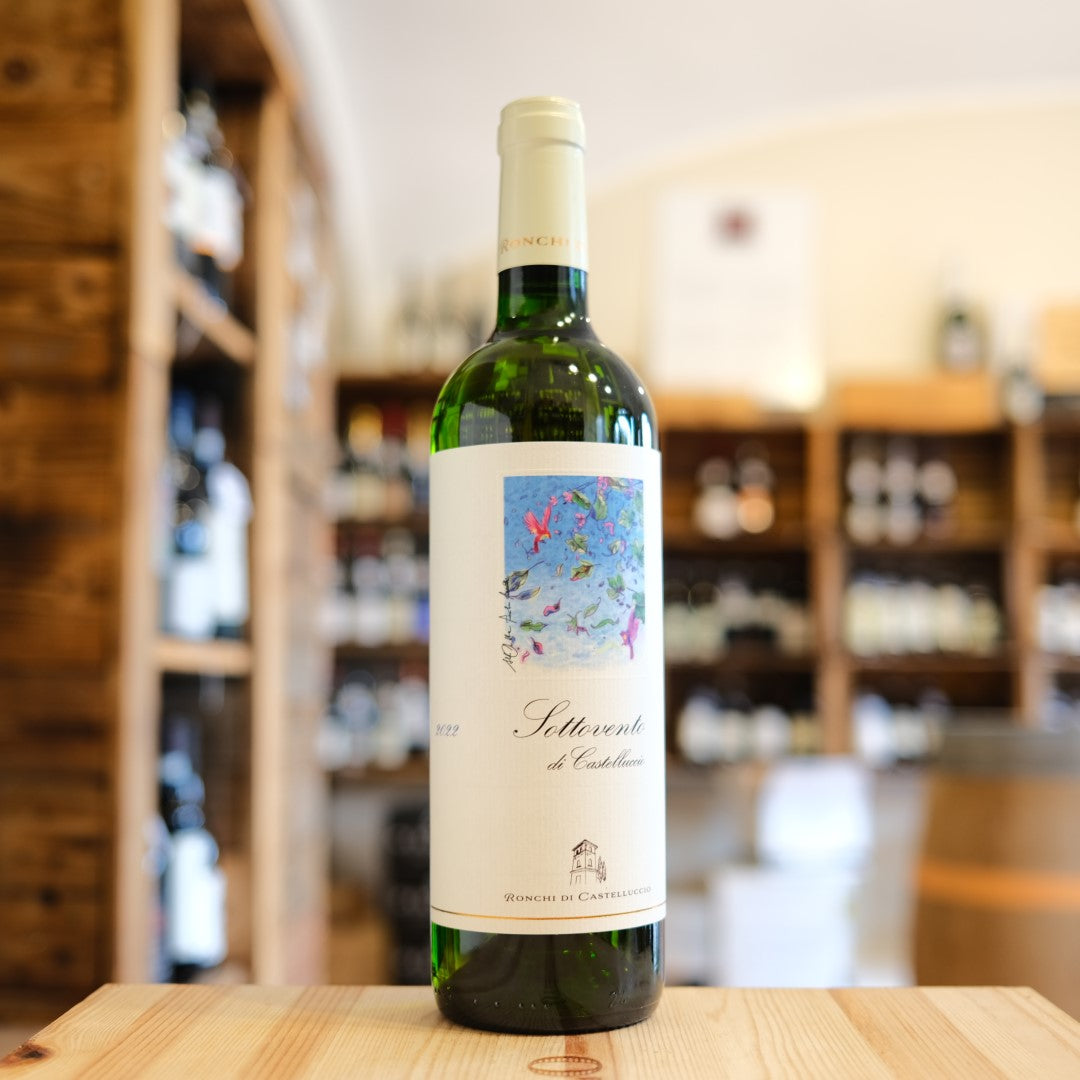 Bottiglia Sauvignon Sottovento 2022 Ronchi di Castelluccio, Rubicone IGT Sauvignon Blanc da Modigliana – Italian white wine bottle