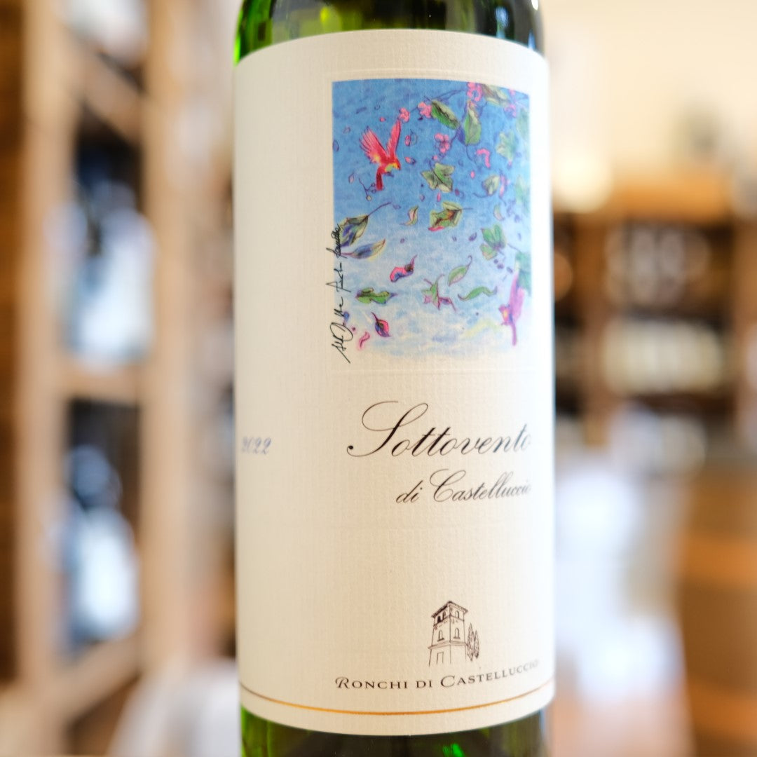 Etichetta Sauvignon Sottovento 2022 Ronchi di Castelluccio, vino bianco di Modigliana – Sauvignon Blanc label from Romagna