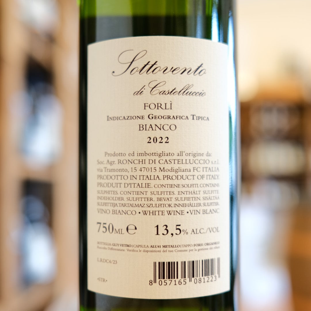 Retroetichetta Sottovento 2022 Ronchi di Castelluccio, Rubicone IGT Sauvignon Blanc Romagna – Italian white wine back label