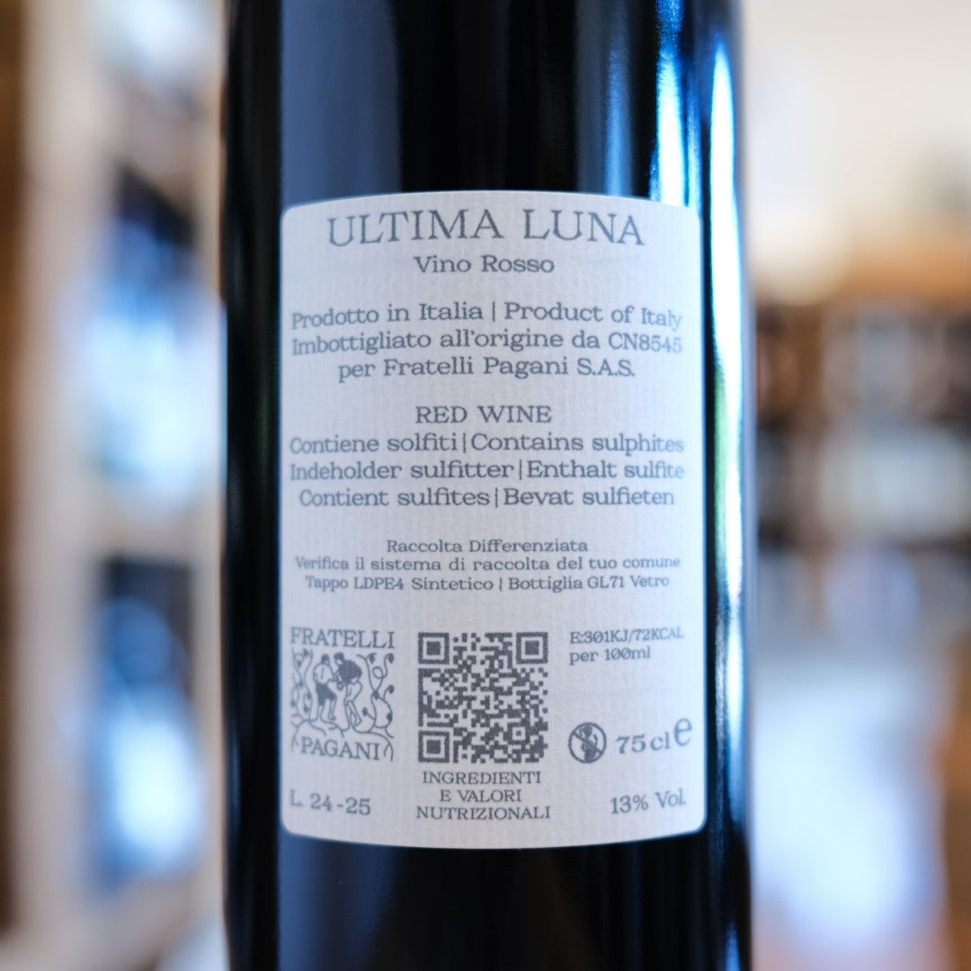 Retroetichetta Ultima Luna 2024 Fratelli Pagani Freisa Airali Chieri back label wine