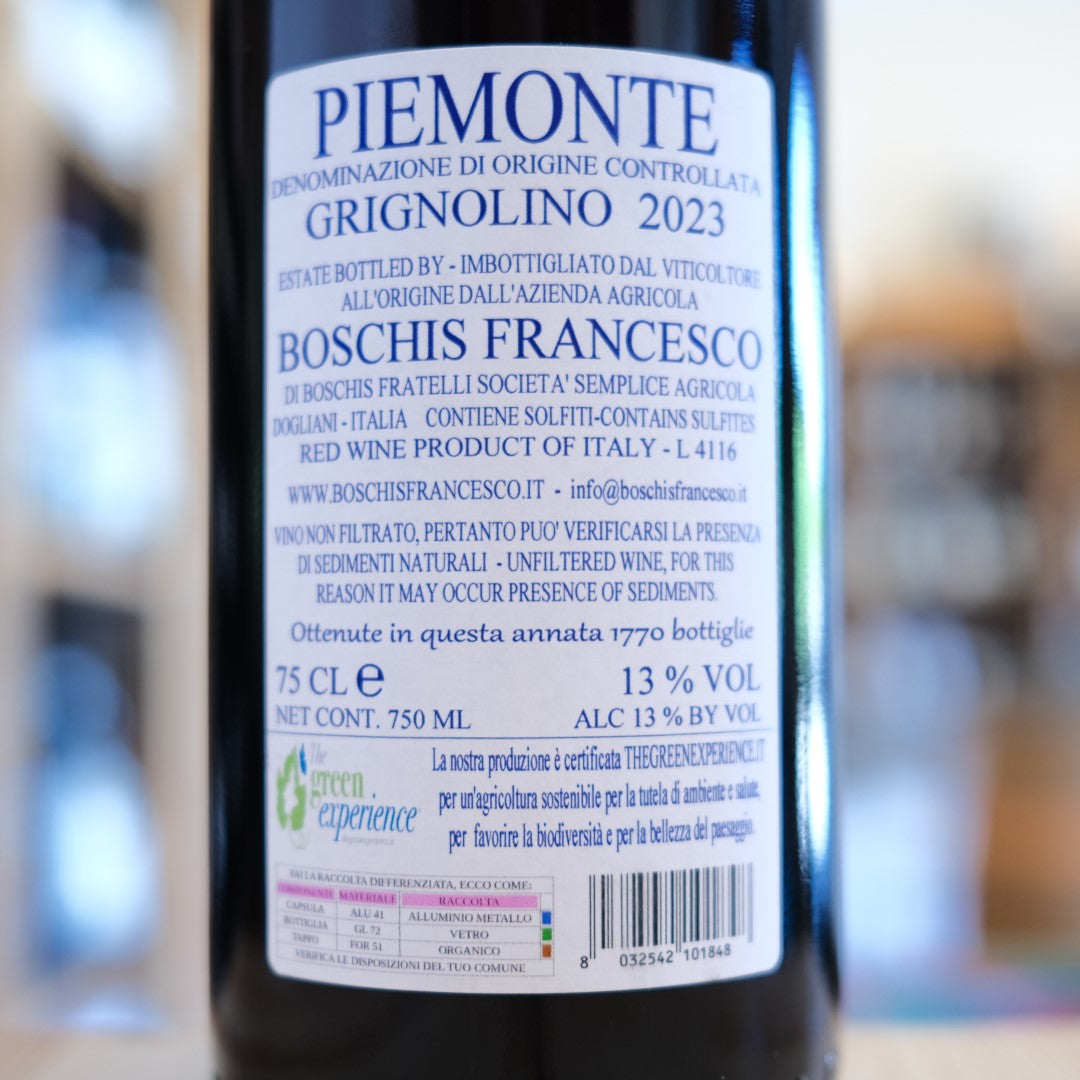 Retroetichetta Piemonte Grignolino 2023 Francesco Boschis Dogliani back label