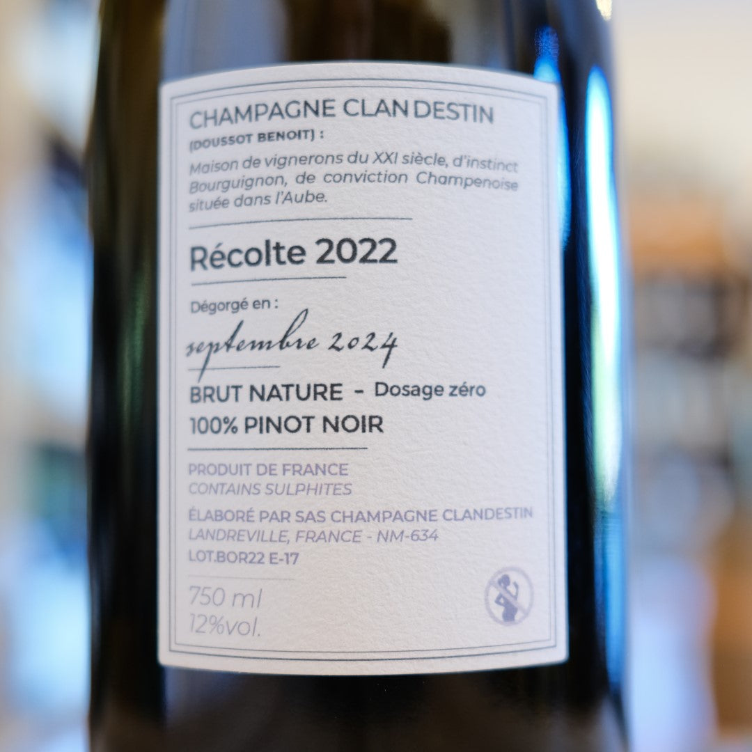 Retroetichetta Champagne Boréal Brut Nature 2022 Clandestin back label