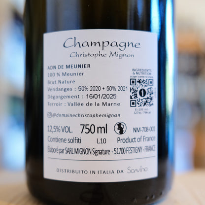 Retroetichetta Champagne ADN de Meunier Brut Nature Christophe Mignon back label