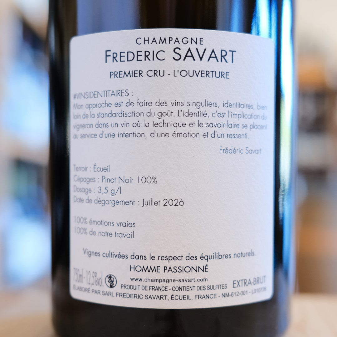 Retroetichetta L’Ouverture Frédéric Savart, Pinot Noir, dosaggio 3,5 g/l e sboccatura luglio 2026
