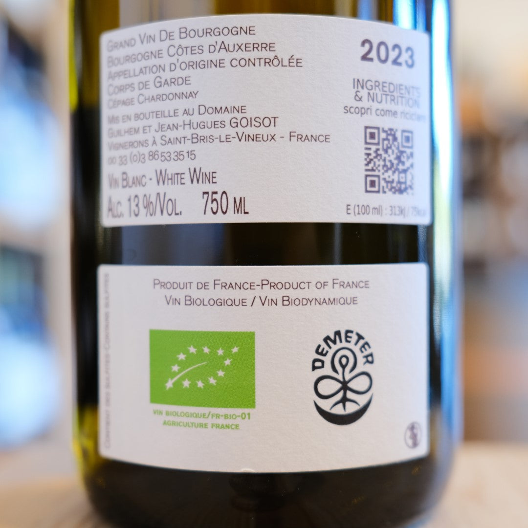 Retroetichetta Corps de Garde Blanc 2023 Goisot Chardonnay biologico e biodinamico Demeter
