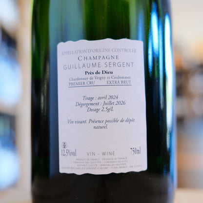 Retroetichetta Prés de Dieu Guillaume Sergent, dosaggio 2,5 g/l e sboccatura luglio 2026